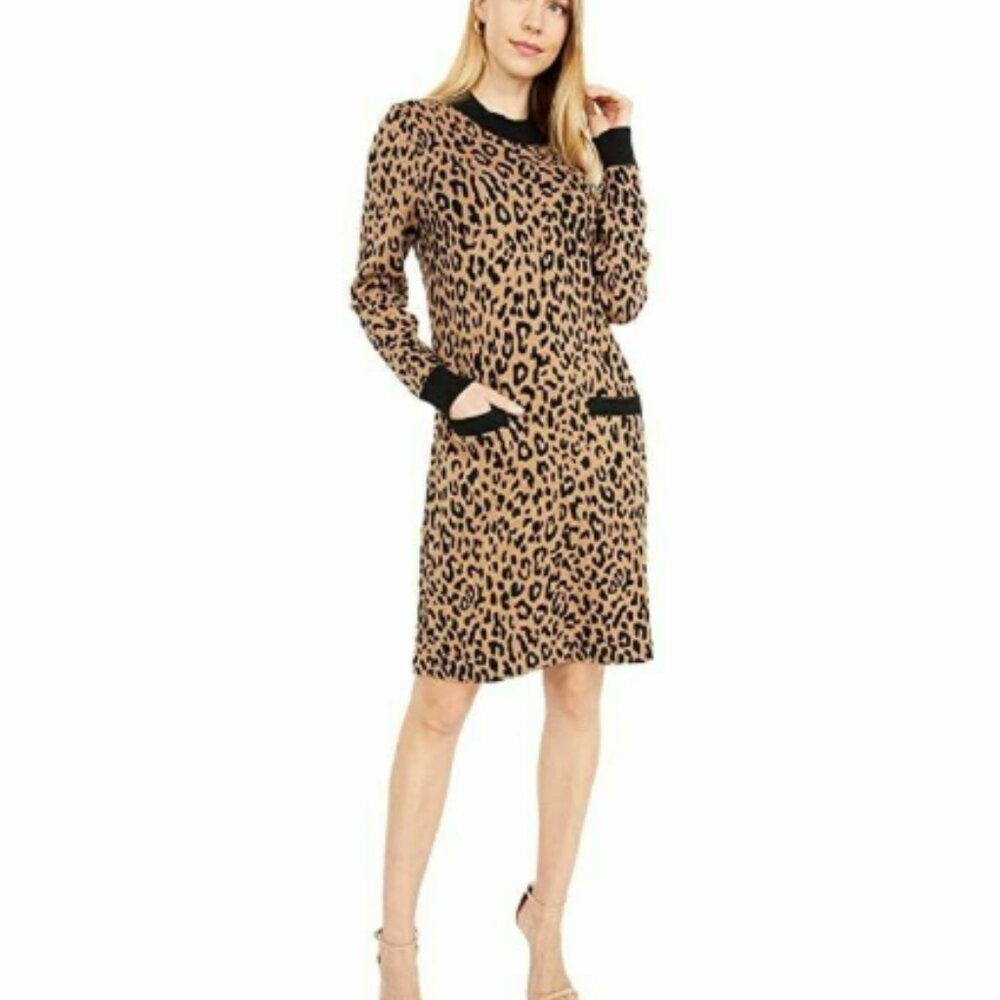 J Crew Leopard Sweater Dress Tan Black Mockneck Fall Classic Mod Office Small